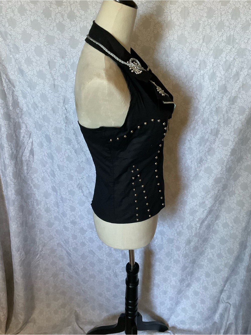 Black Studded Halter Zip Corset Top with Silver Embroidery - Picture 6 of 8